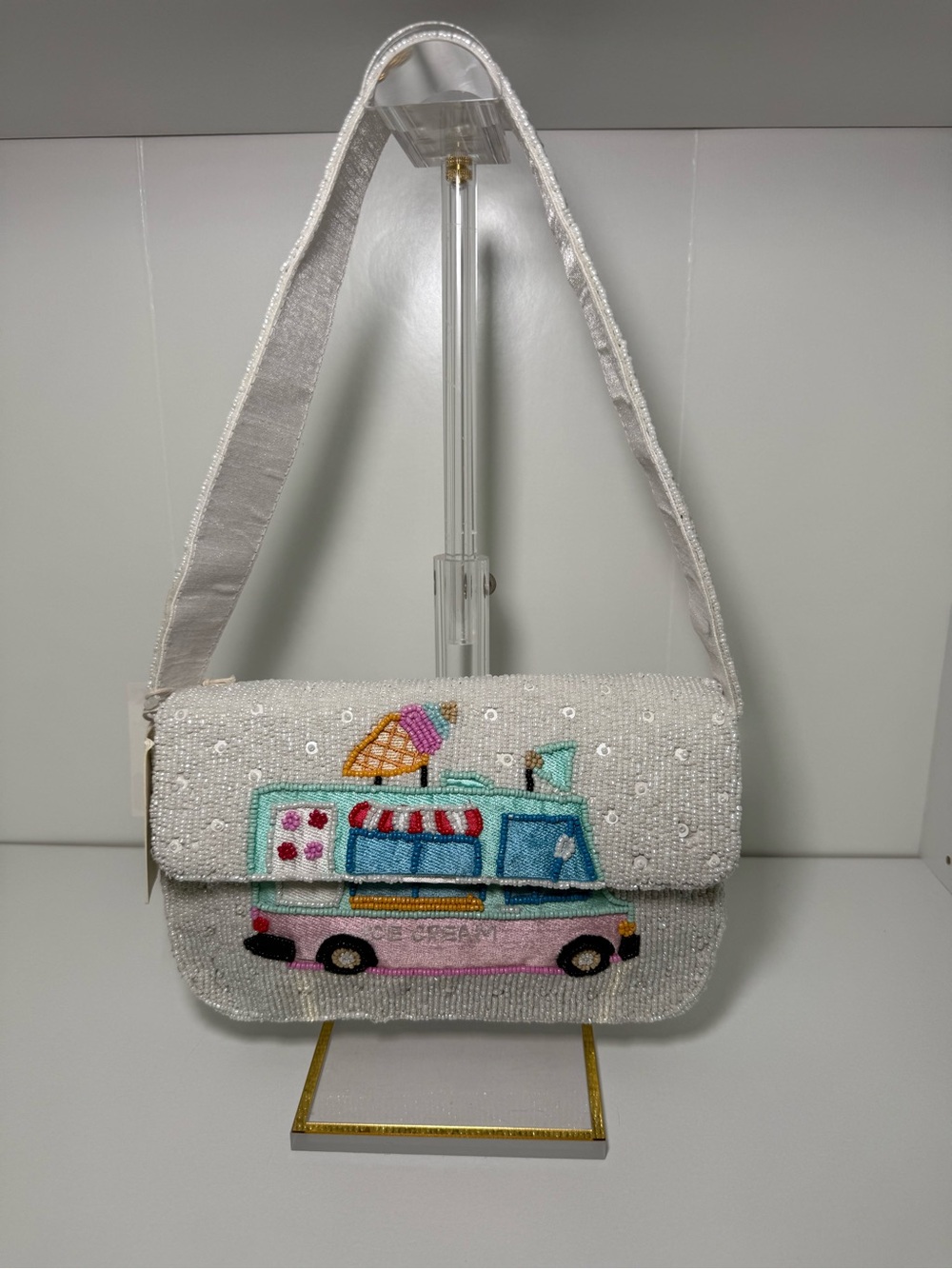 Beaded White Ice Cream Truck Shoulder Bag